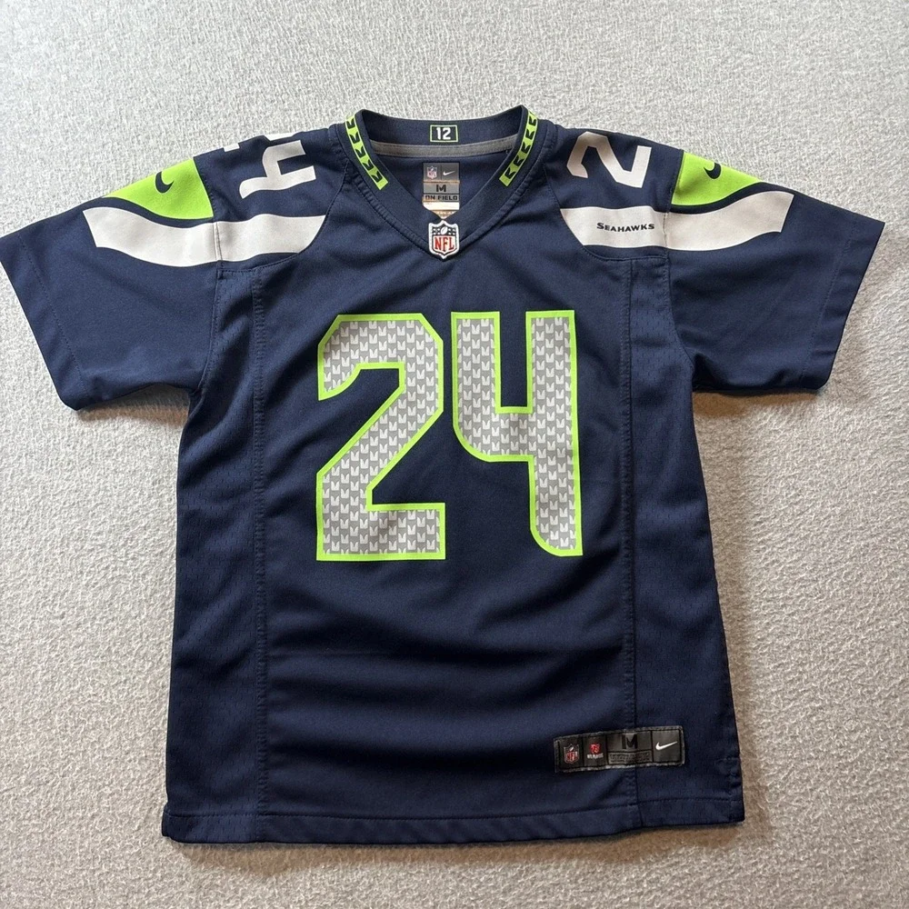 Seattle Seahawks Jersey Boys Sz M Blue #24 Marshawn Lynch On Field Football Nike